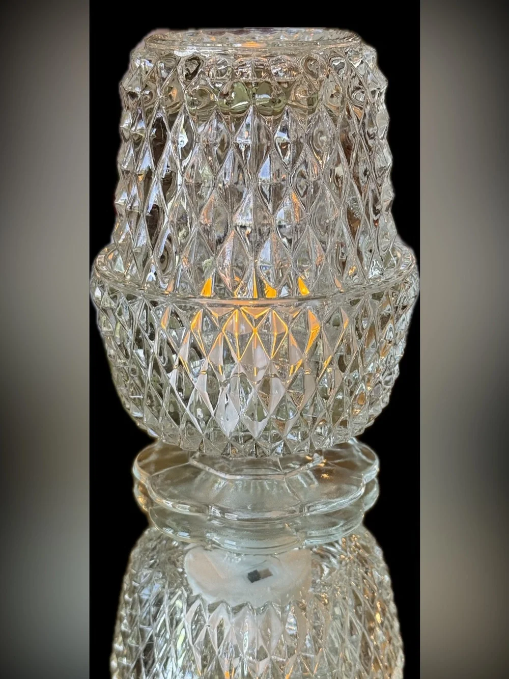 2 piece Indiana Clear Glass Diamond Point Fairy Lamp with geometric pattern.